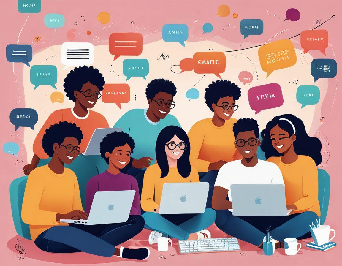 A vibrant digital illustration of a diverse group of people gathered around laptops and devices, smiling and interacting in a cozy online space decorated with colorful banners and motivational quotes. Incorporate elements like chat bubbles and social media icons floating around to symbolize engagement. The background should have a dreamy, inviting atmosphere with soft lighting and tech-inspired decor. The overall vibe should feel friendly, inclusive, and inspiring. vibrant colors. 3D.