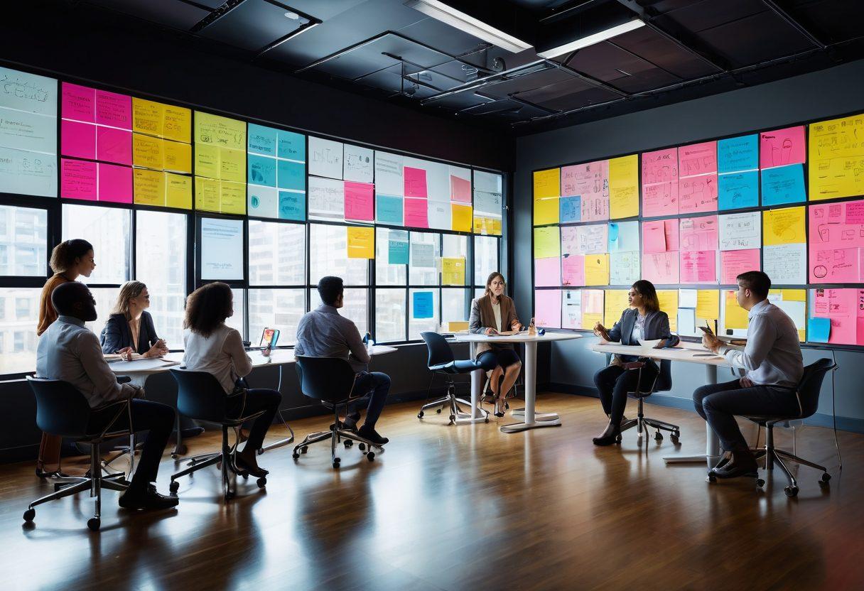 A diverse group of professionals engaged in a dynamic brainstorming session, surrounded by digital screens showcasing collaborative tools and networking opportunities. The room is filled with creativity, featuring colorful sticky notes and charts. Bright light streams in from expansive windows, symbolizing openness and innovation. Capture the spirit of collaboration and connection. vibrant colors. 3D. super-realistic.