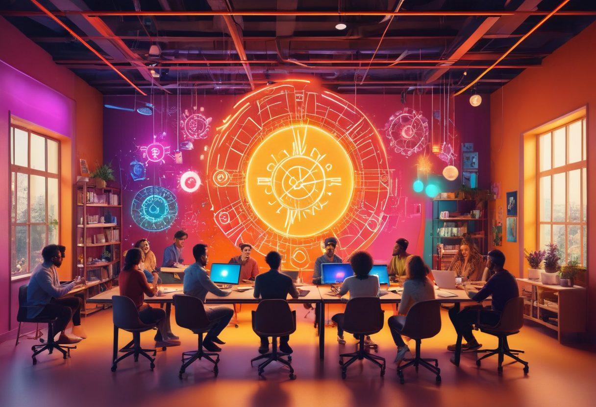 A vibrant digital gathering of diverse creators engaging over various creative outlets such as art, music, writing, and technology. Include a backdrop of colorful virtual platforms connecting them, with elements symbolizing collaboration like gears and light bulbs. Show animated sparks of ideas and inspiration flowing between them. Incorporate a warm, inviting ambiance that reflects a sense of community and belonging. bright colors. modern flat design. dynamic elements.